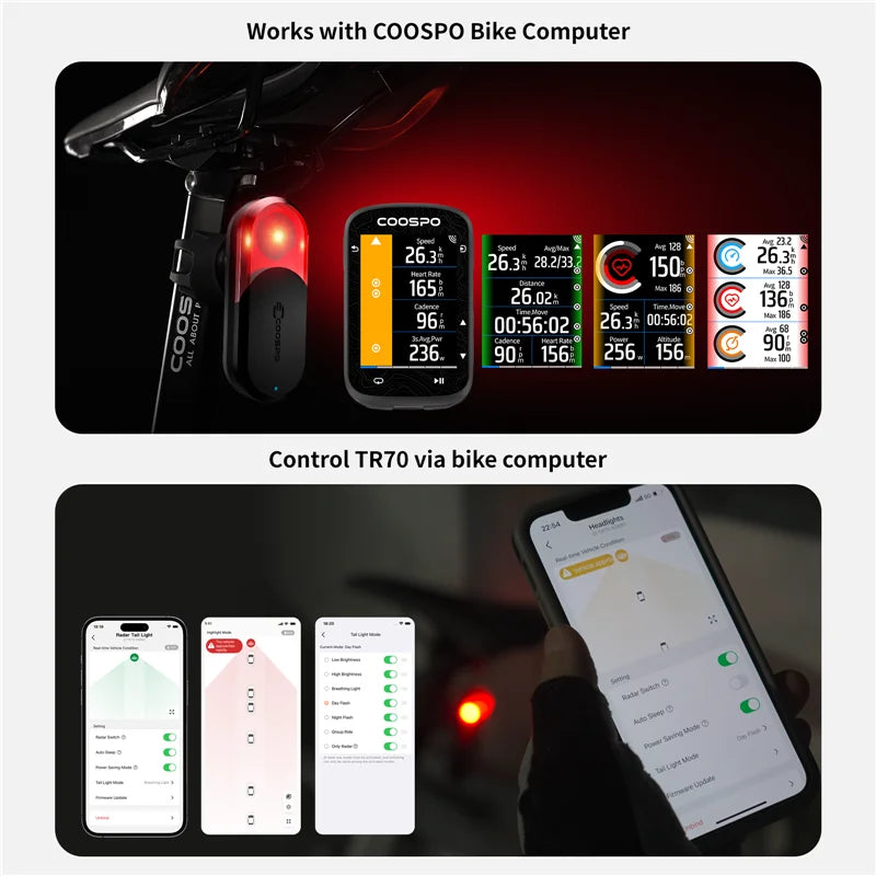 TR70 Radar Tail Light Smart Bike Taillight Brake Warning IP67 Waterproof Cycling Rear Light 7 Light Modes Tail Lamp