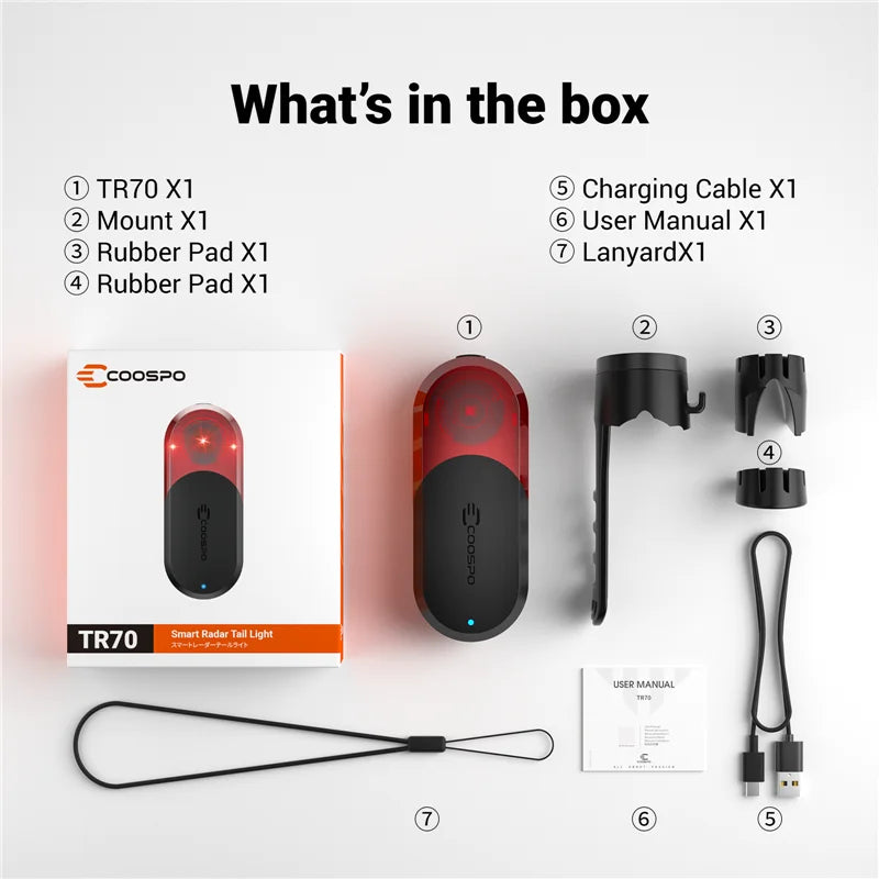 TR70 Radar Tail Light Smart Bike Taillight Brake Warning IP67 Waterproof Cycling Rear Light 7 Light Modes Tail Lamp